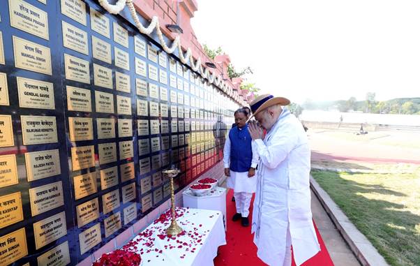 Union Home Minister Amit Shah pays tributes to the martyrs at the Shaheed Smarak in Jagdalpur.