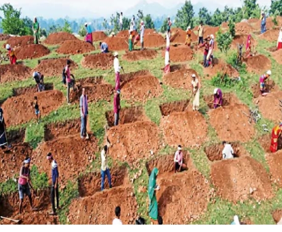 Contour trenches are being constructed on the hills for water conservation.