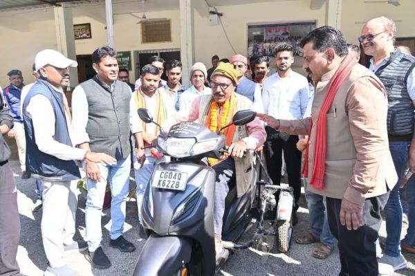 Deputy Chief Minister Sharma presented a petrol-powered scooter to Divyang Nemi Singh.