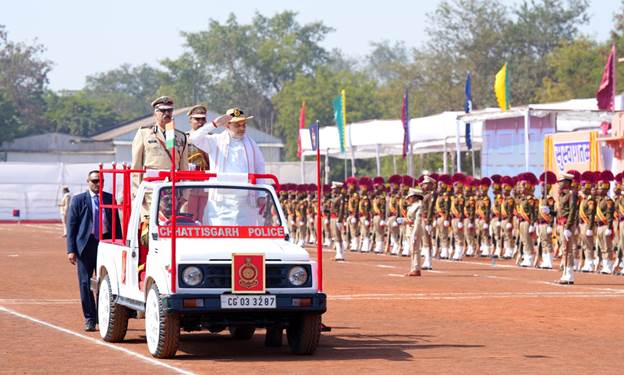 On the first day of his visit to Chhattisgarh, Union Home Minister and Minister of Cooperation Shri Amit Shah presents 'President's Colour' to the Chhattisgarh Police in Raipur
