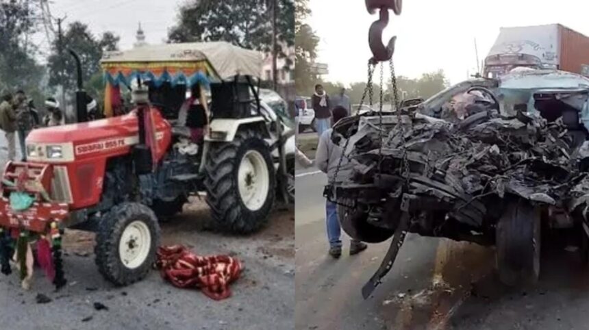 Accident: A speeding Fortuner rammed into a tractor-trolley loaded with sand, killing five people on the spot.